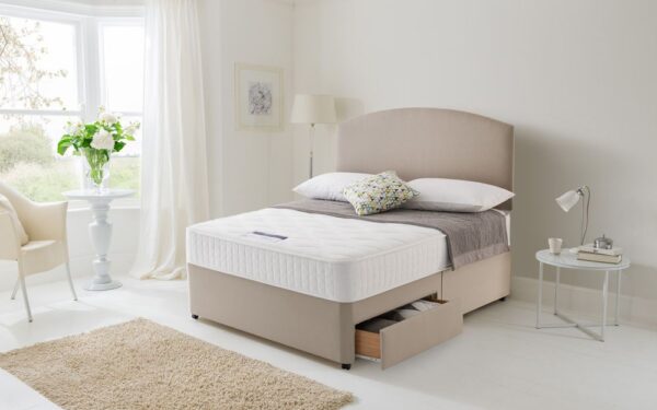 Silentnight Essentials Mirapocket 1000 Divan Bed Set, Single, 2 Side Drawers, Matching Castello Headboard, Sandstone