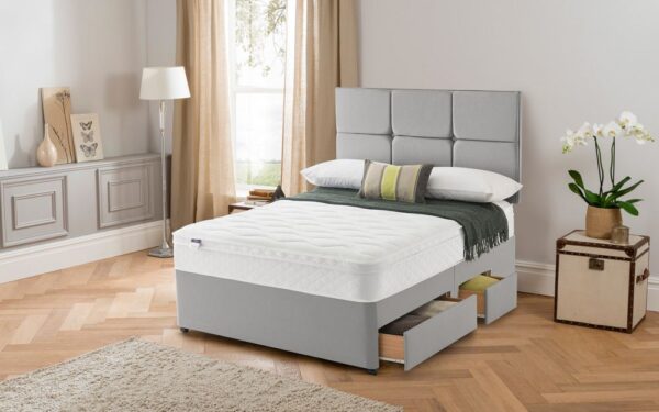 Silentnight Rio Miracoil Cushion Top Divan Bed Set, Double, 4 Drawers, Matching Palermo Headboard, Slate Grey